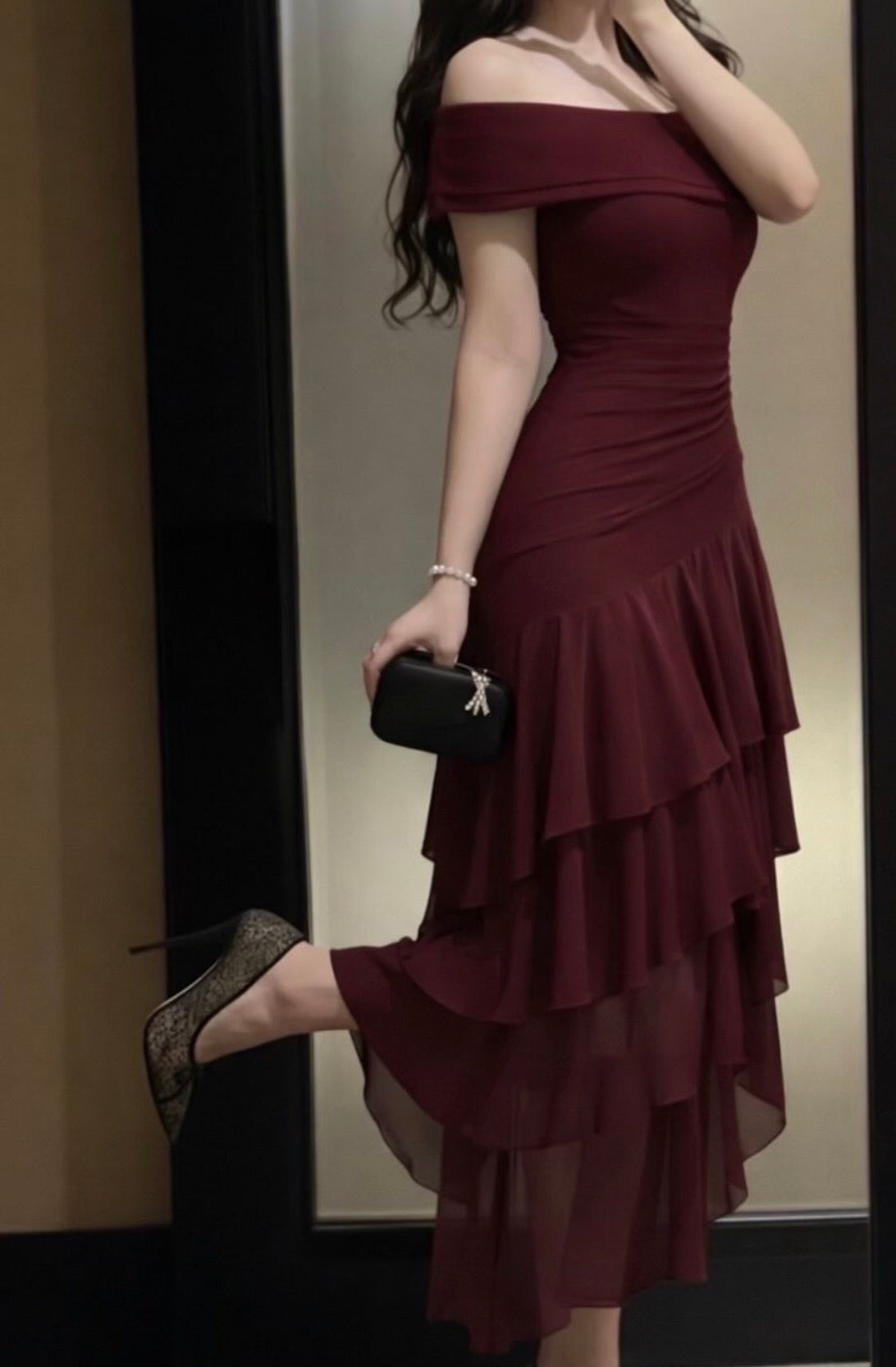 Off-the-Shoulder Layered Burgundy Chiffon Prom Dress
