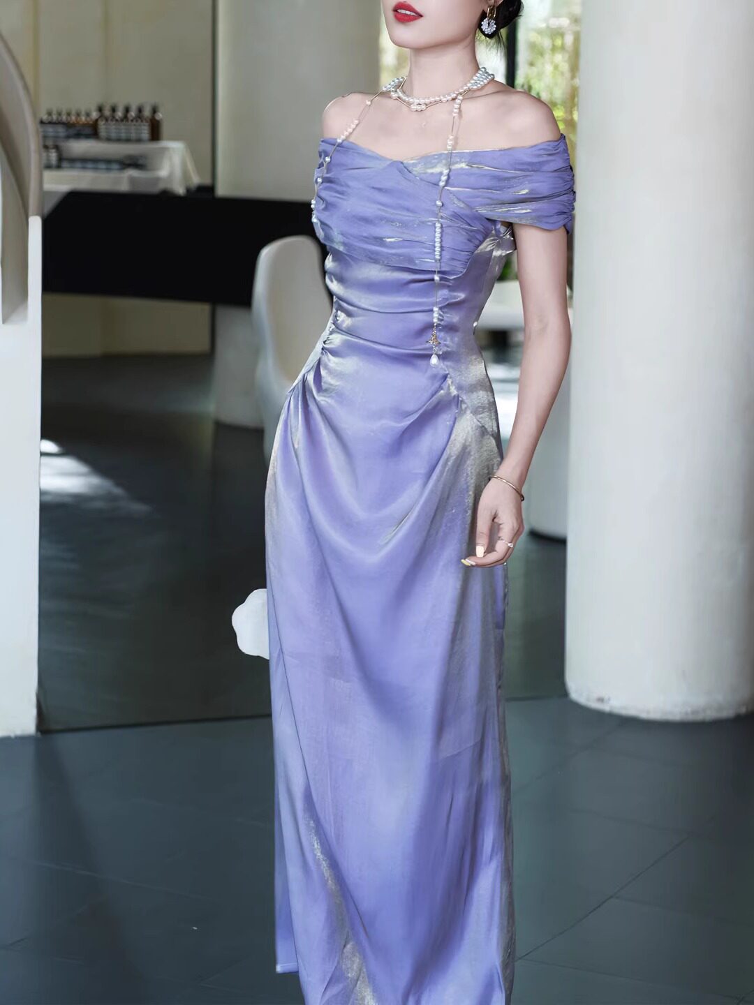 Off The Shoulder Lilac Sheath Prom Dress Formal Evening Dress J9981