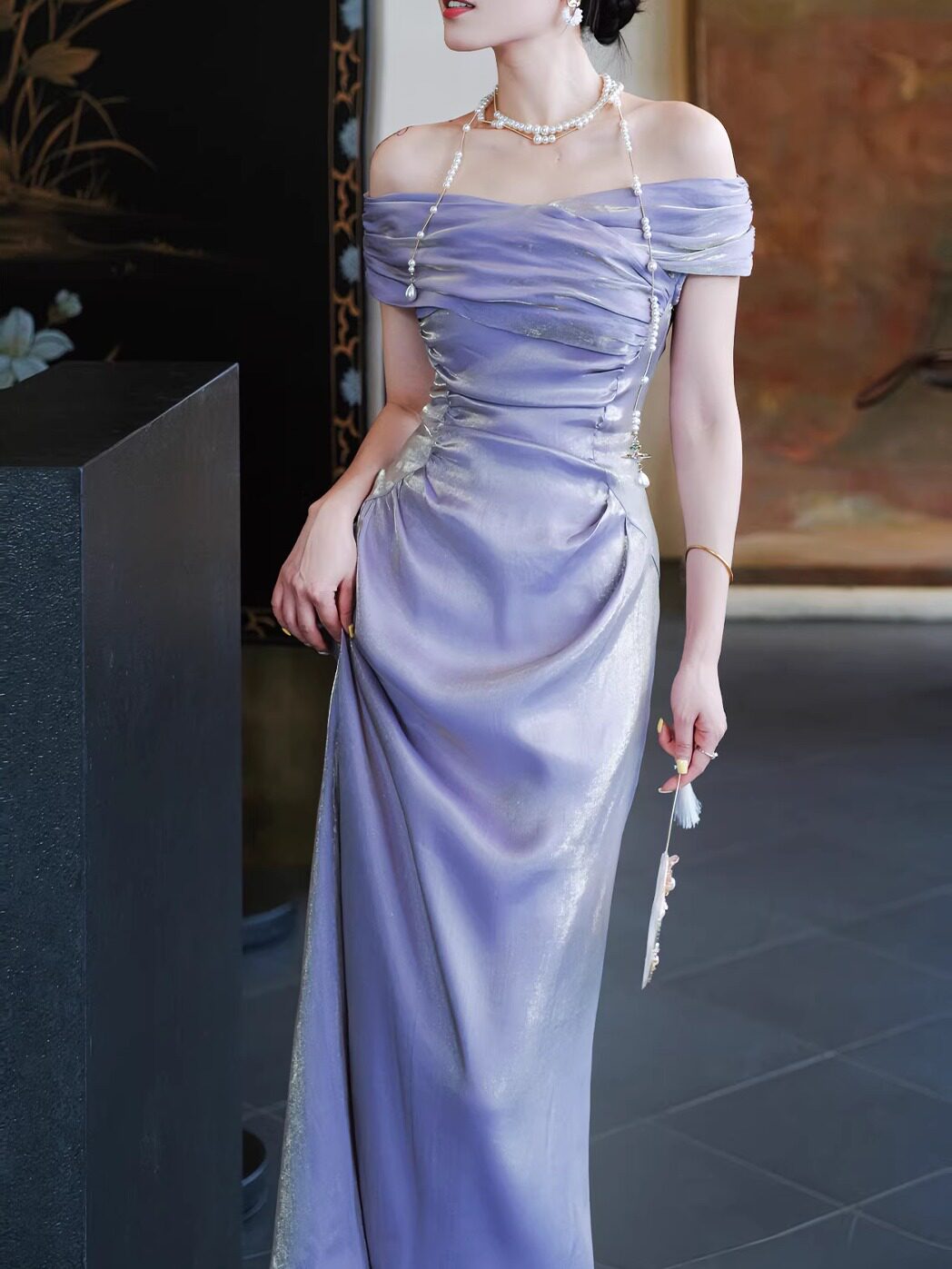 Off The Shoulder Lilac Sheath Prom Dress Formal Evening Dress J9981