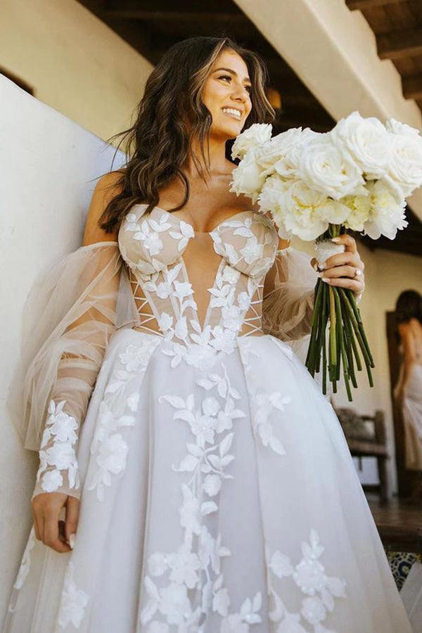 Off The Shoulder Long Sleeves Lace Appliques Bohemian Wedding Dress (ZD16194)
