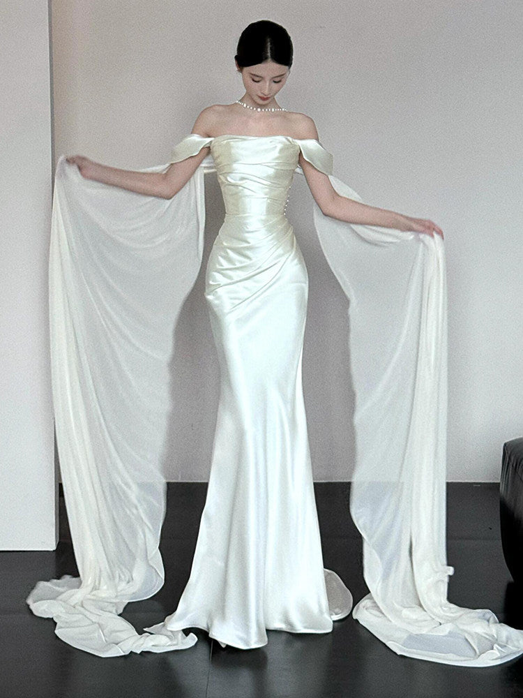 Off The Shoulder Mermaid Ivory Wedding Dress Satin Evening Dress J9846