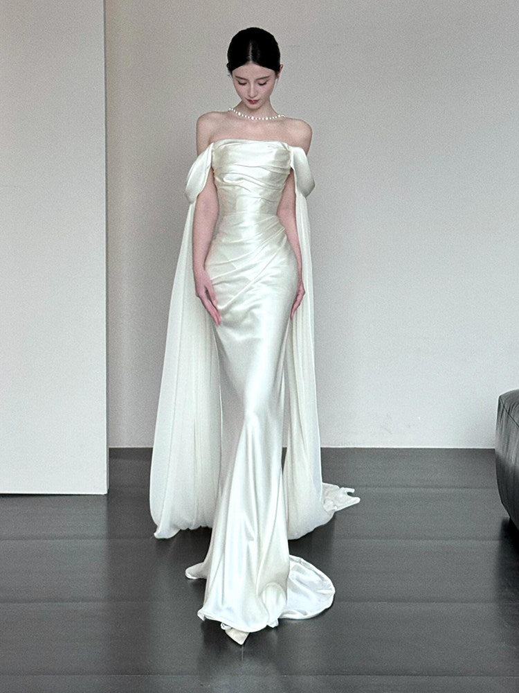 Off The Shoulder Mermaid Ivory Wedding Dress Satin Evening Dress J9846