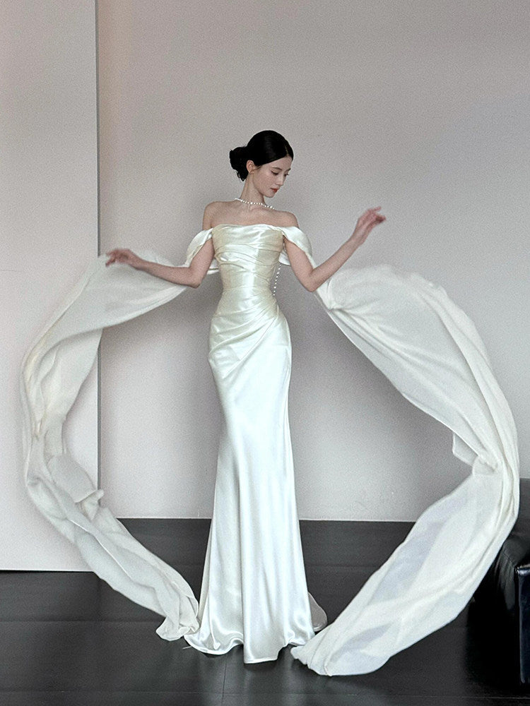 Off The Shoulder Mermaid Ivory Wedding Dress Satin Evening Dress J9846