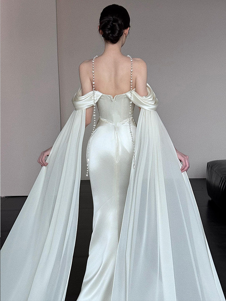 Off The Shoulder Mermaid Ivory Wedding Dress Satin Evening Dress J9846