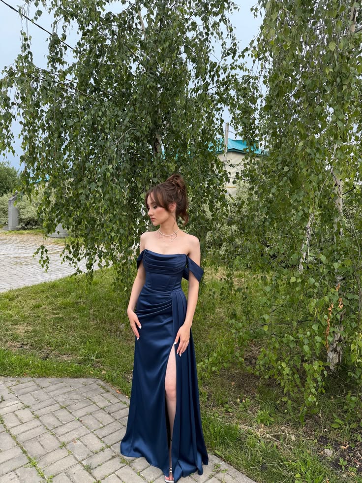 Off-the-Shoulder Navy Blue Satin Formal Prom Dress With Slit