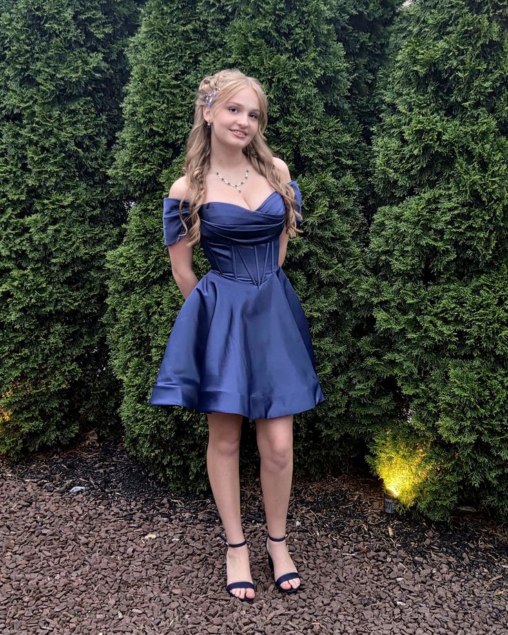 Off-the-Shoulder Navy Blue Satin Homecoming Dress