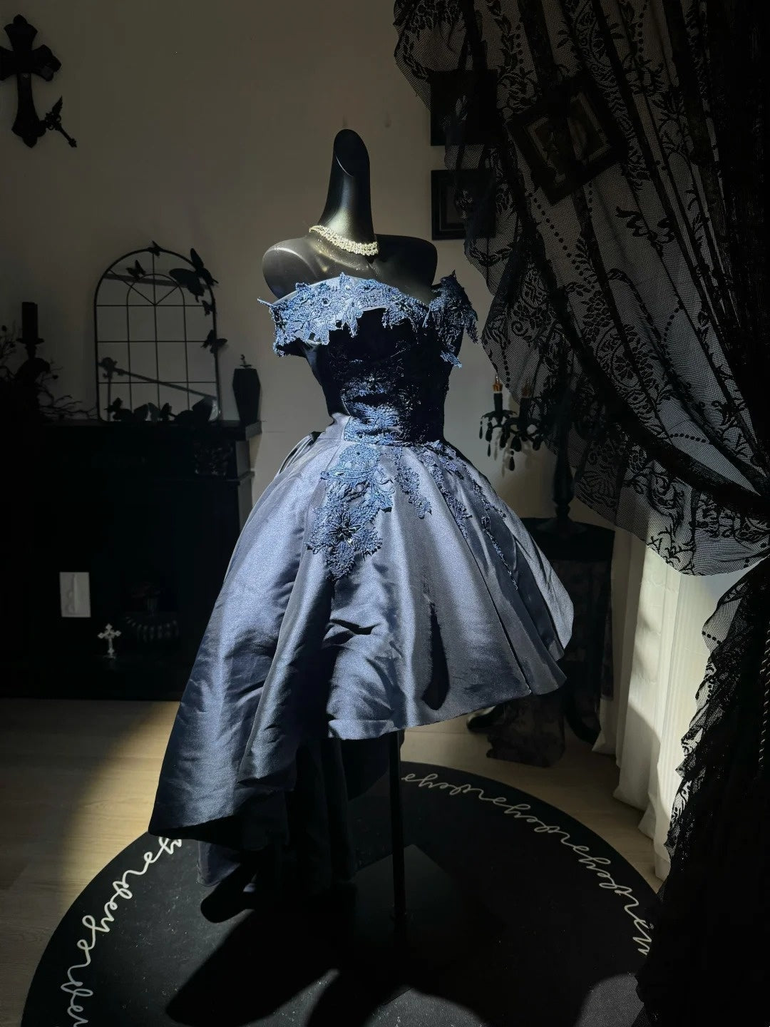 Off The Shoulder Navy Blue Satin Homecoming Dress With Appliques J10835