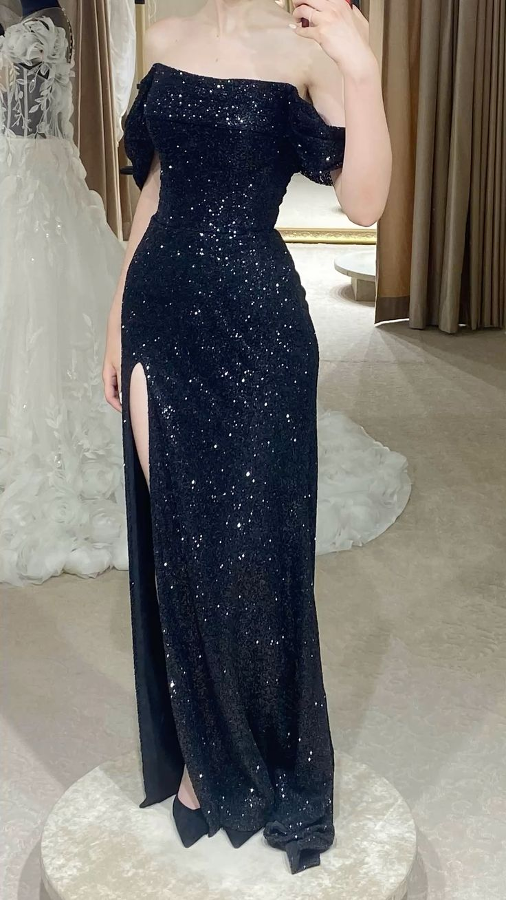Off The Shoulder Navy Blue Sequin Formal Prom Dress Sparkle Evening Dress J10222
