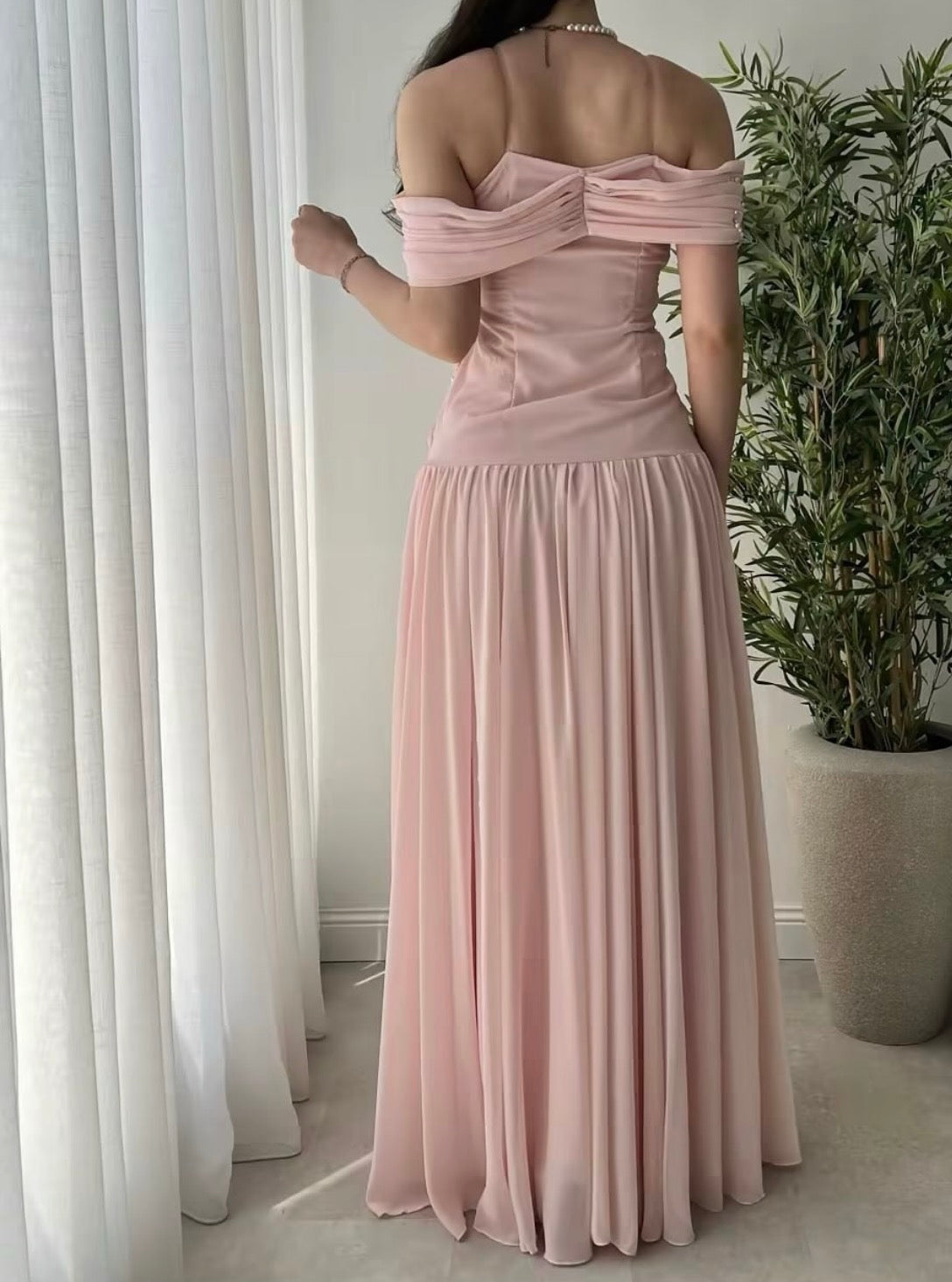 Off The Shoulder Pink Chiffon Prom Dress Beaded Formal Dress J9924