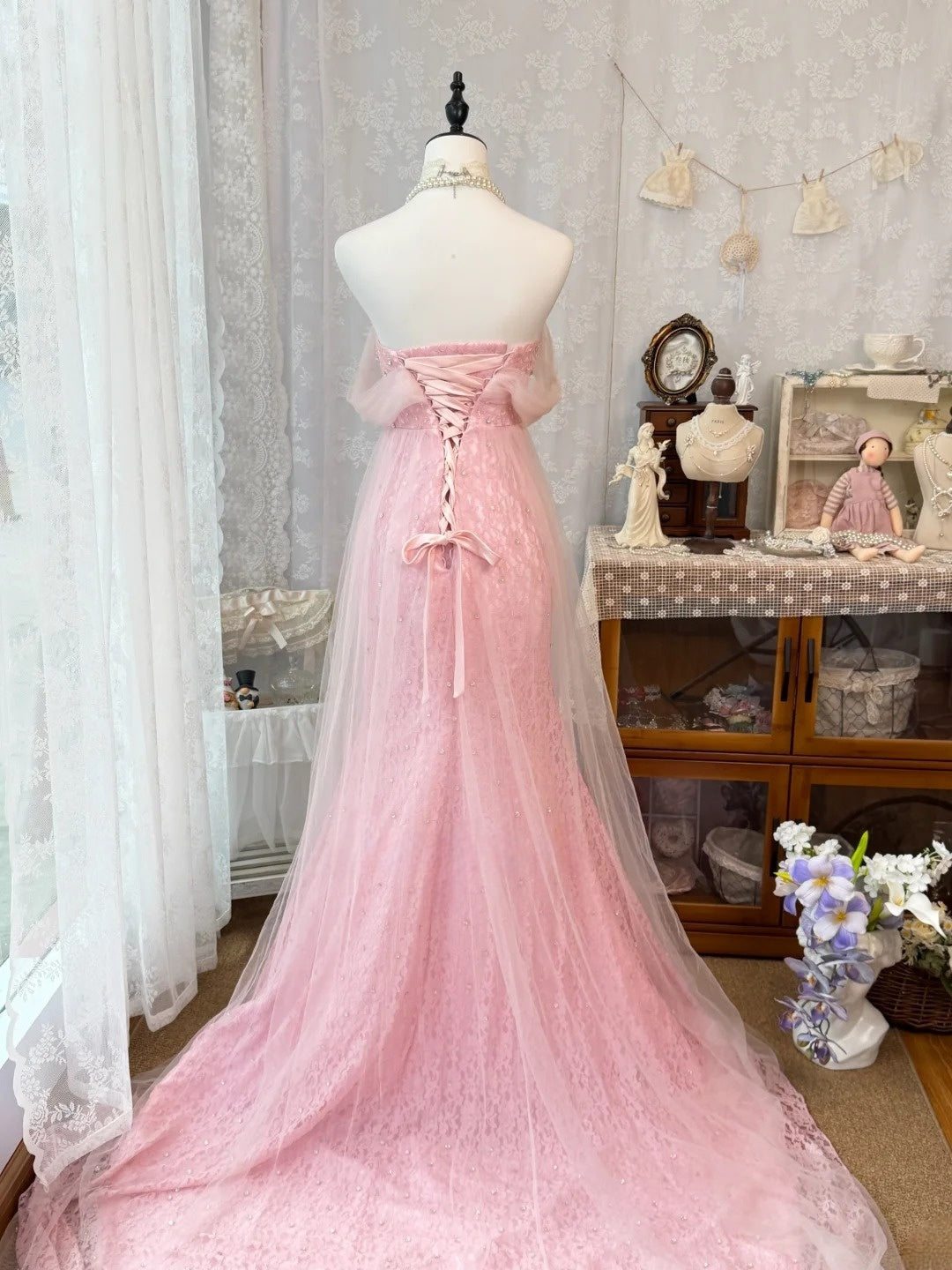 Off-the-Shoulder Pink Lace Prom Dress Mermaid Birthday Dress
