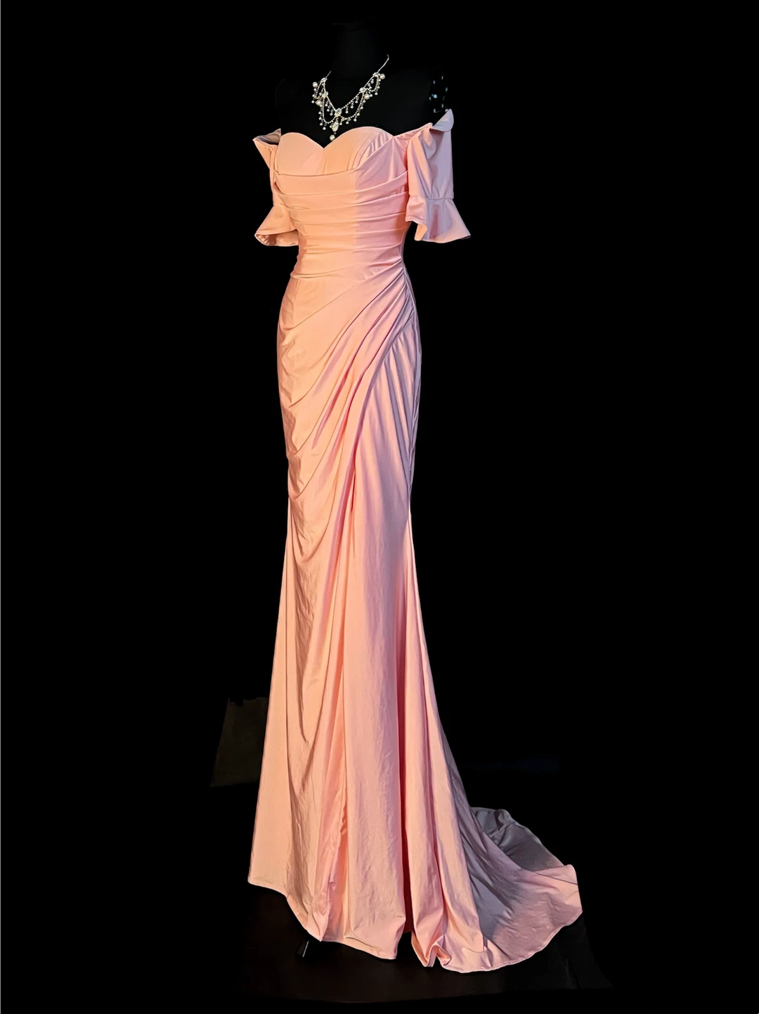Off The Shoulder Pink Mermaid Prom Dress Satin Evening Gown J10148