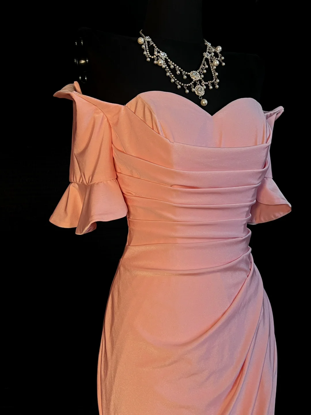 Off The Shoulder Pink Mermaid Prom Dress Satin Evening Gown J10148