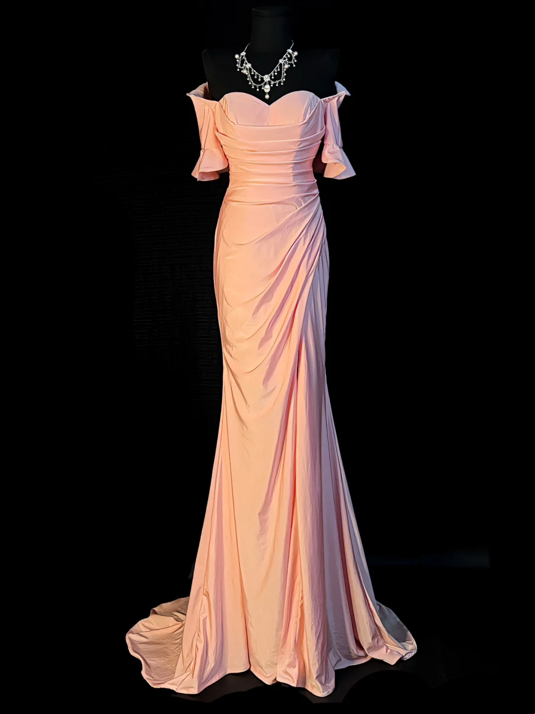 Off The Shoulder Pink Mermaid Prom Dress Satin Evening Gown J10148