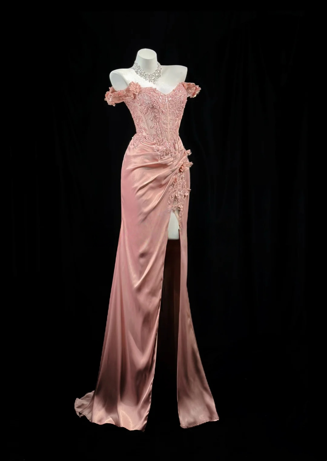 Off-the-Shoulder Pink Mermaid Prom Dress Sequin Appliques Evening Dress