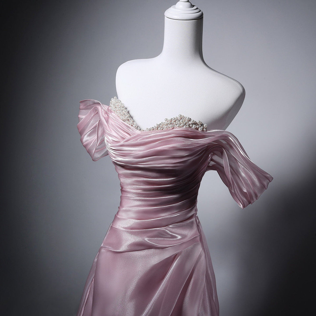 Off-the-Shoulder Pink Prom Dress A-Line Organza Formal Dress with Pearls