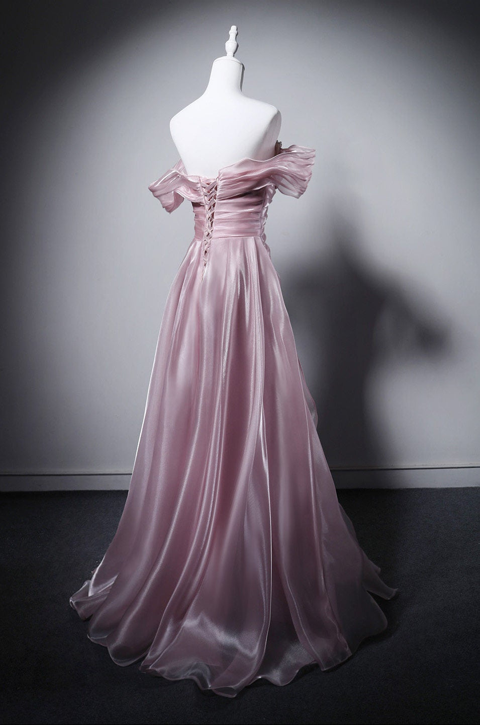 Off-the-Shoulder Pink Prom Dress A-Line Organza Formal Dress with Pearls