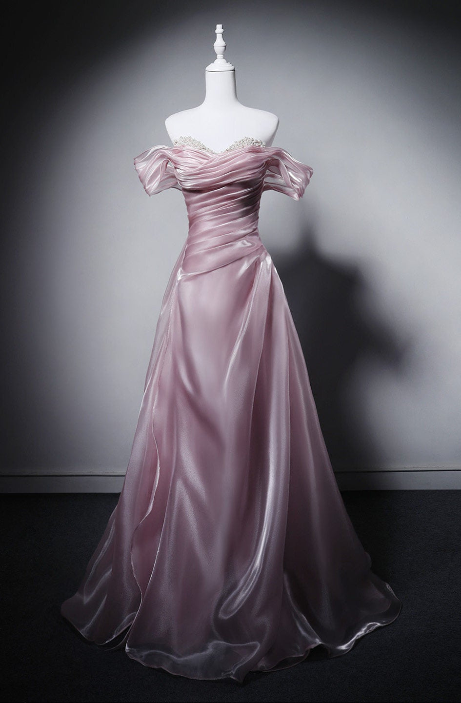 Off-the-Shoulder Pink Prom Dress A-Line Organza Formal Dress with Pearls