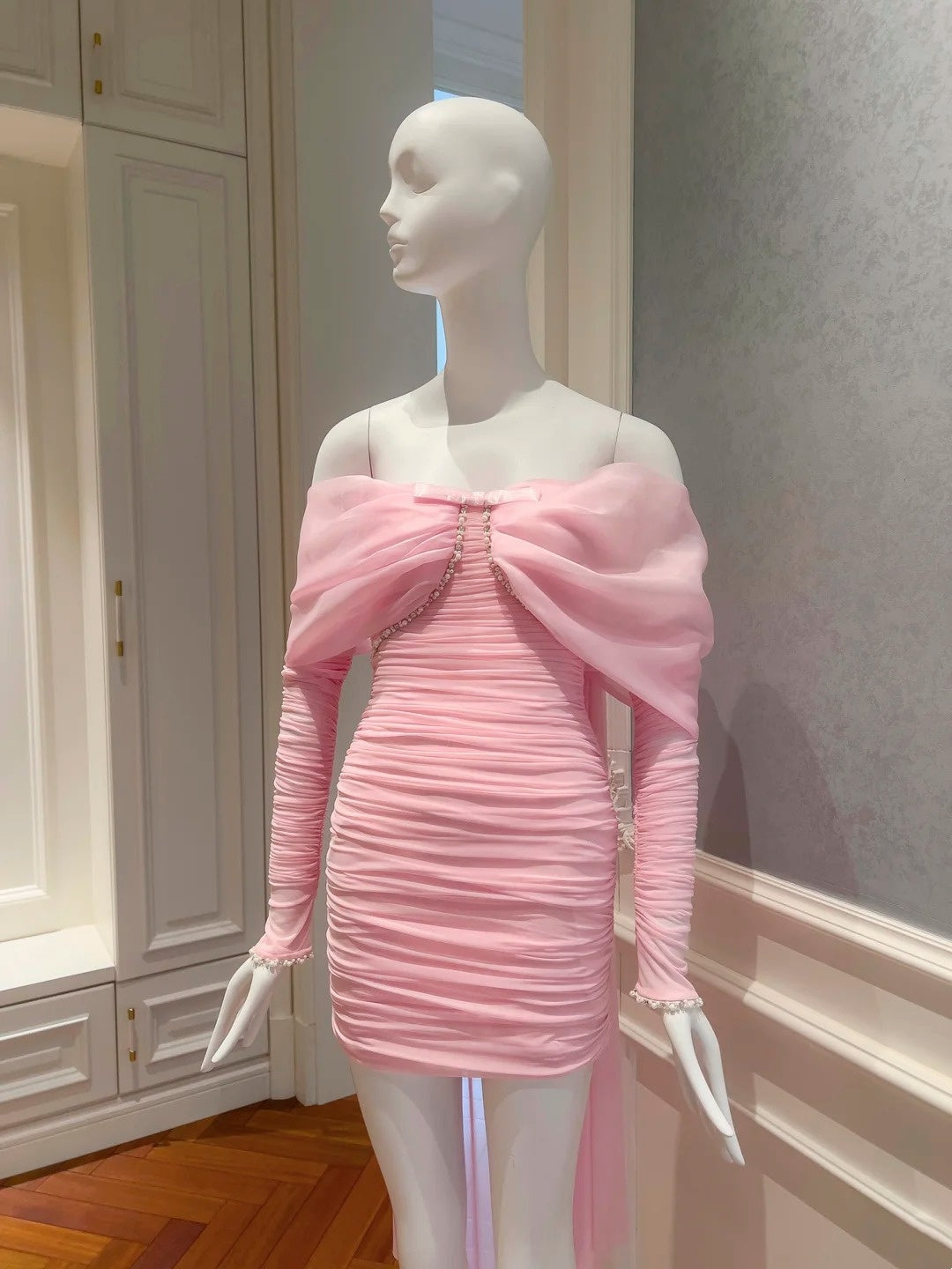 Off-the-Shoulder Pink Sheath Homecoming Dress With Pearls