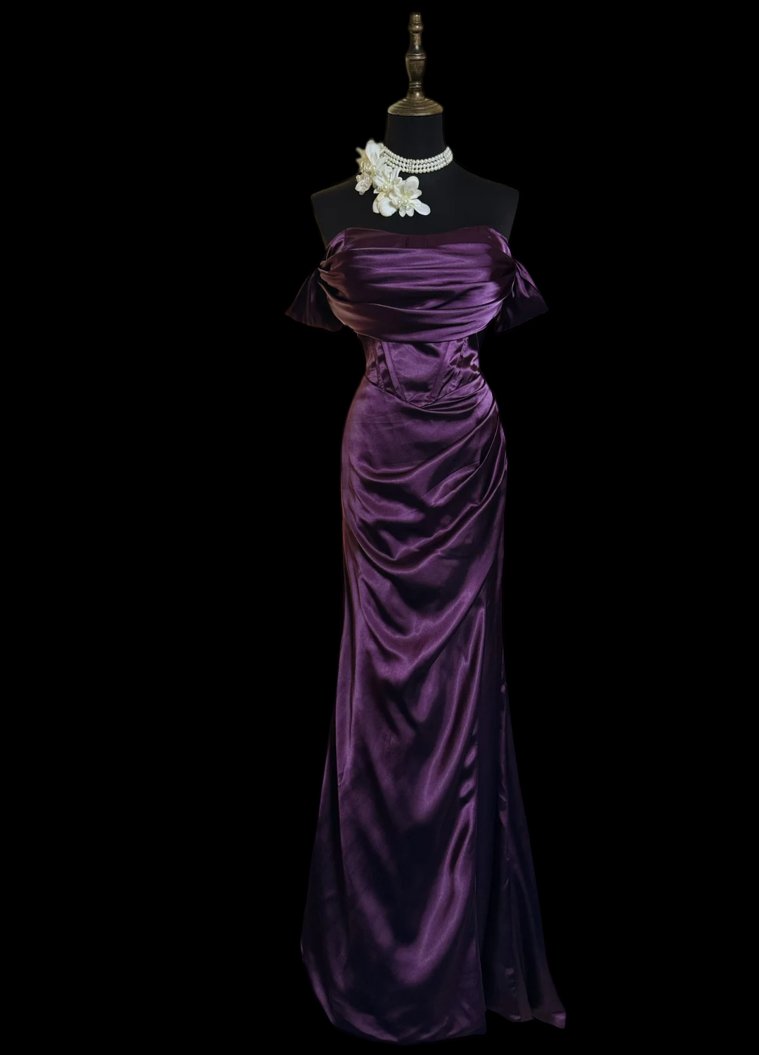 Off The Shoulder Purple Satin Mermaid Prom Dress With Slit J9752
