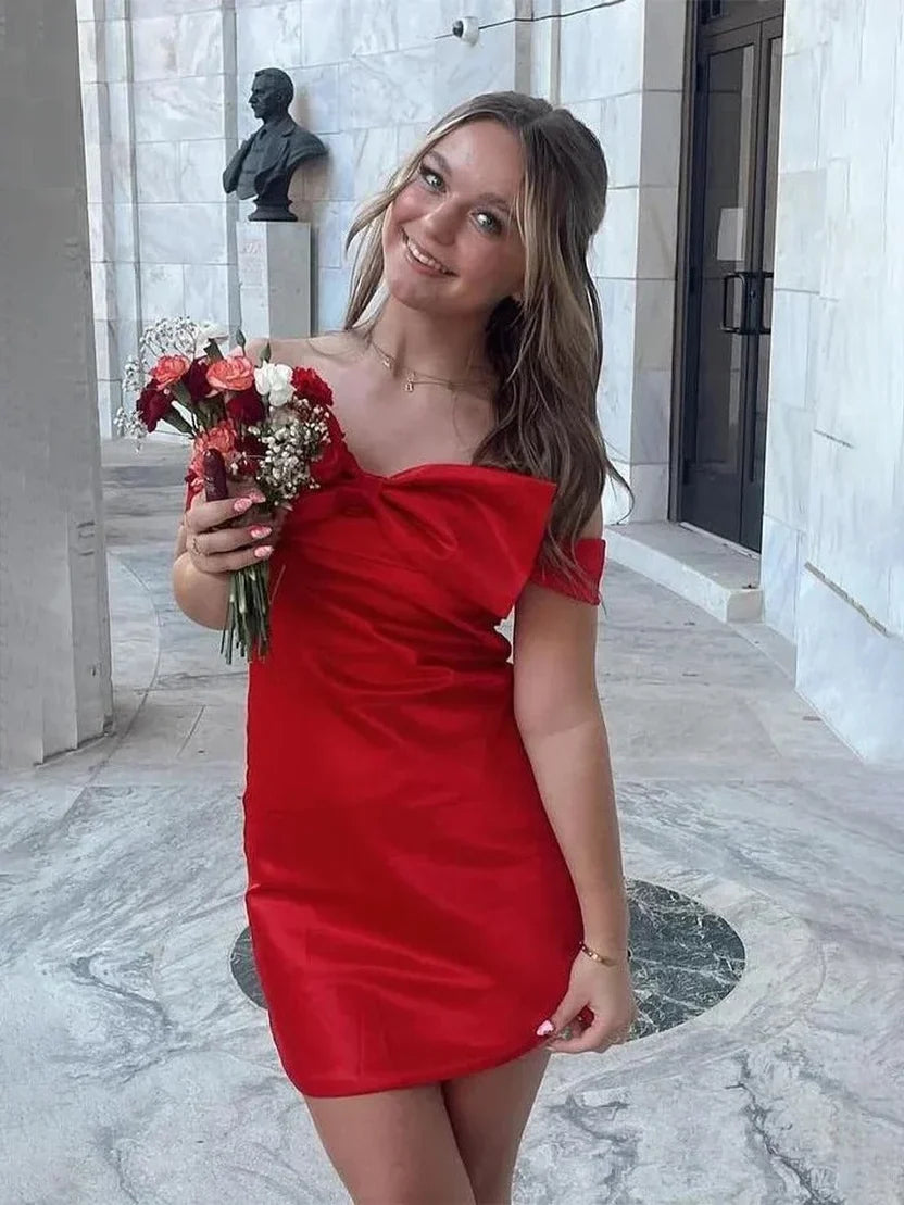 Off-the-Shoulder Red Satin Mini Homecoming Dress With Bow Knot