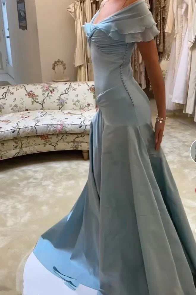 Off-the-Shoulder Retro A-Line Grey Blue Ruffle Long Prom Dress
