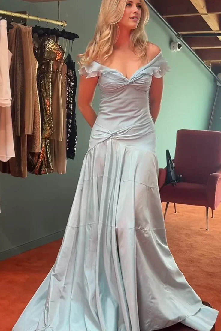 Off-the-Shoulder Retro A-Line Grey Blue Ruffle Long Prom Dress
