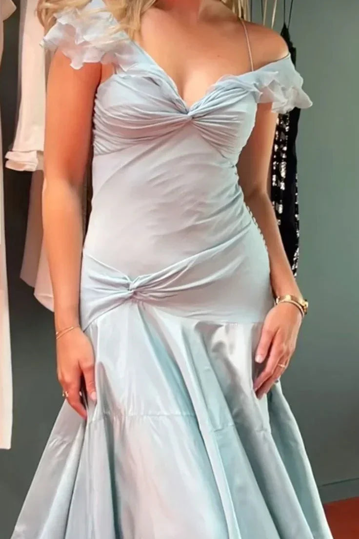 Off-the-Shoulder Retro A-Line Grey Blue Ruffle Long Prom Dress