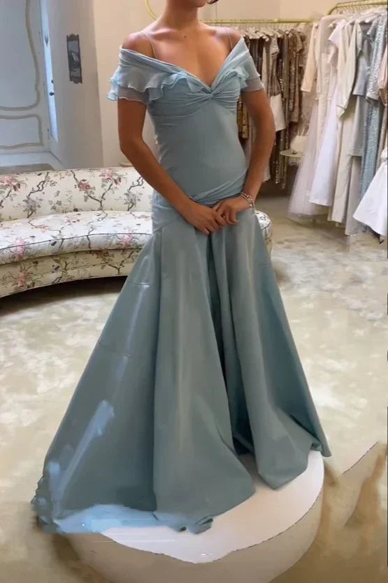 Off-the-Shoulder Retro A-Line Grey Blue Ruffle Long Prom Dress