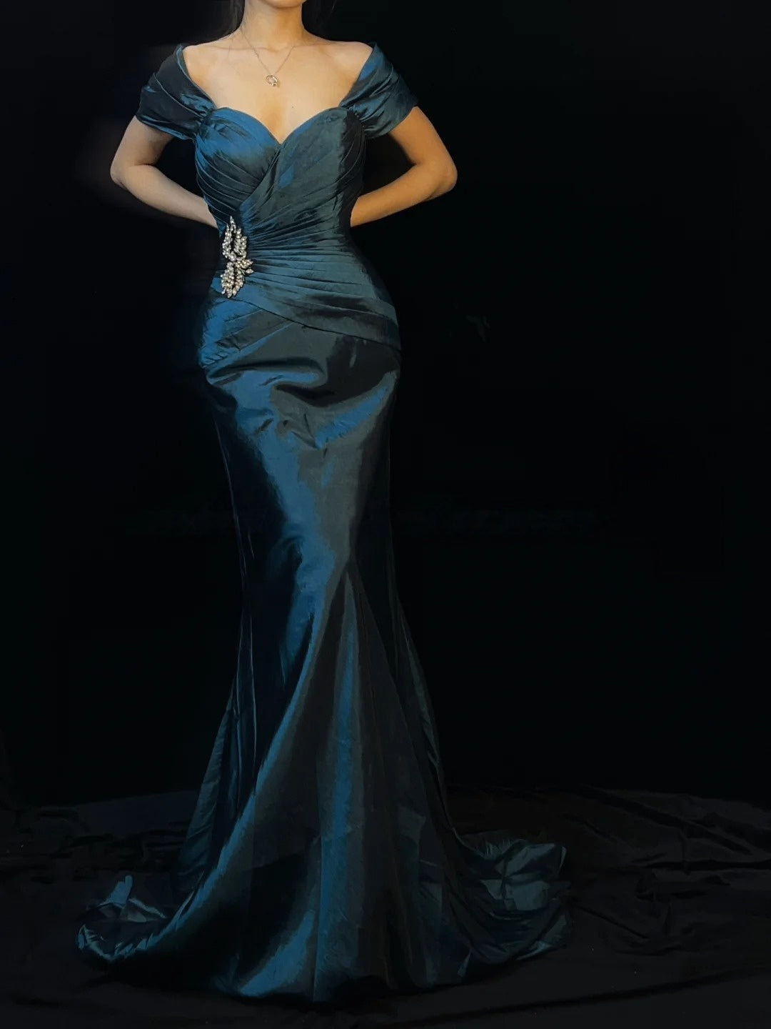 Off The Shoulder Retro Satin Prom Dress Beaded Evening Dress J10412