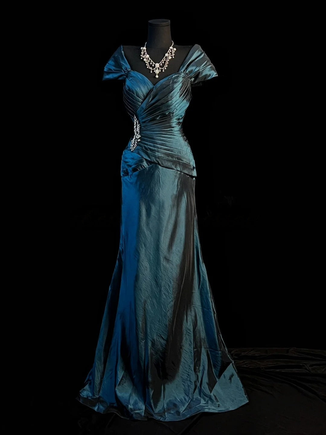 Off The Shoulder Retro Satin Prom Dress Beaded Evening Dress J10412