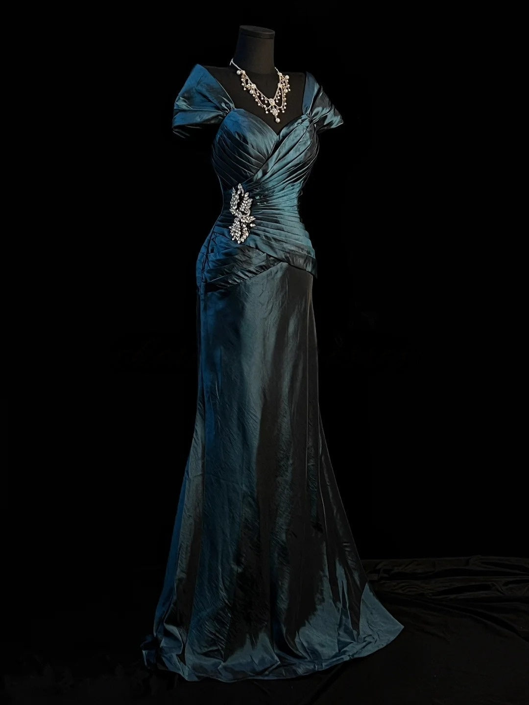 Off The Shoulder Retro Satin Prom Dress Beaded Evening Dress J10412