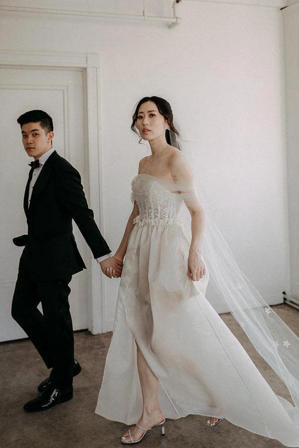 Off The Shoulder Satin Lace Split Wedding Dress With Long Veil (ZD16199)
