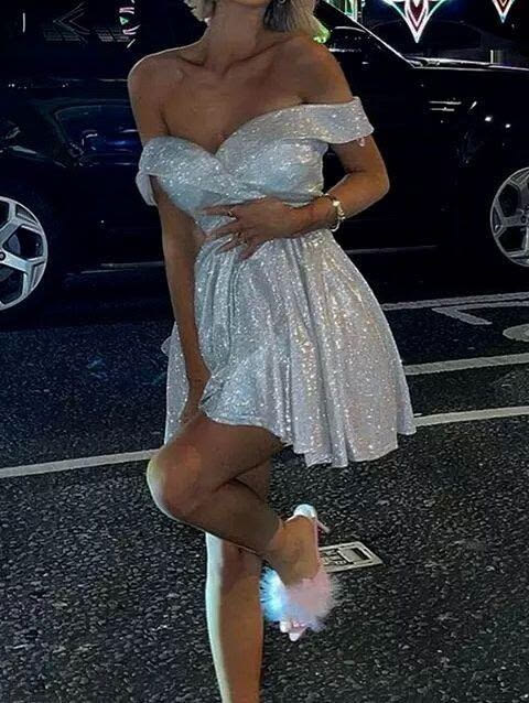 Off-the-Shoulder Sparkle Short Homecoming Dress A-Line Cocktail Dress