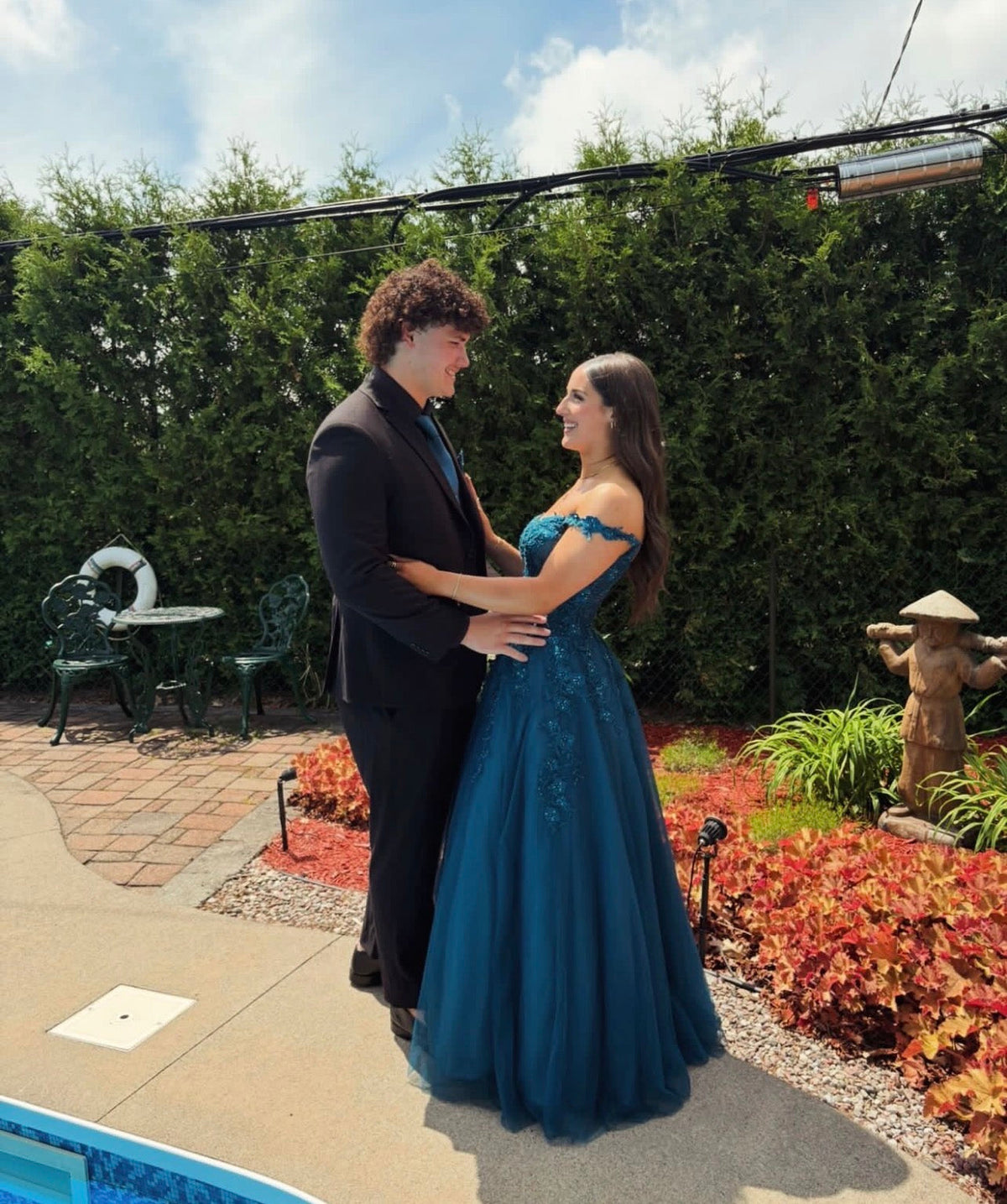 Off The Shoulder Teal Tulle Formal Prom Dress With Appliques J11784