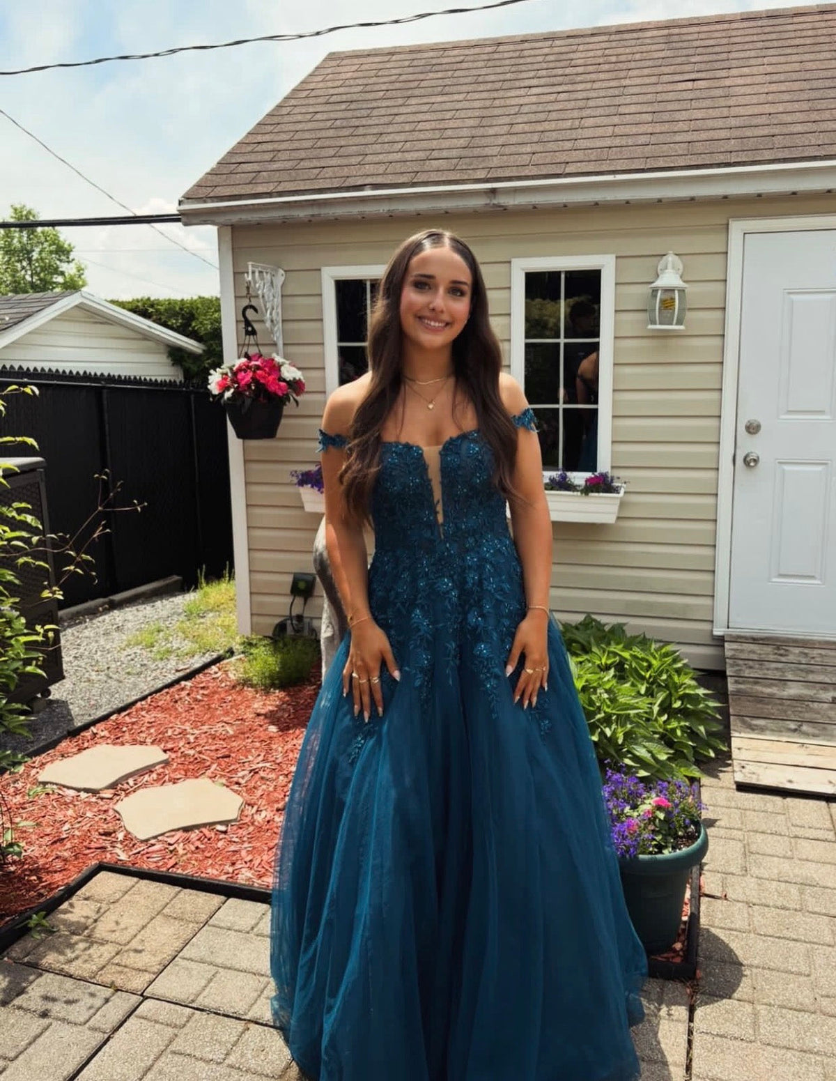 Off The Shoulder Teal Tulle Formal Prom Dress With Appliques J11784
