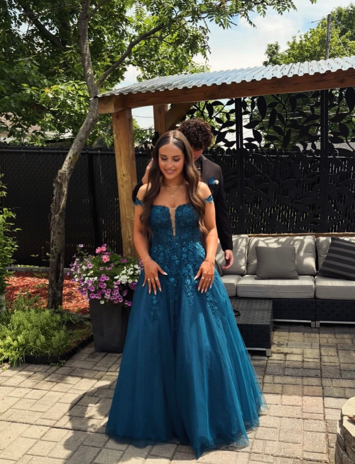 Off The Shoulder Teal Tulle Formal Prom Dress With Appliques J11784