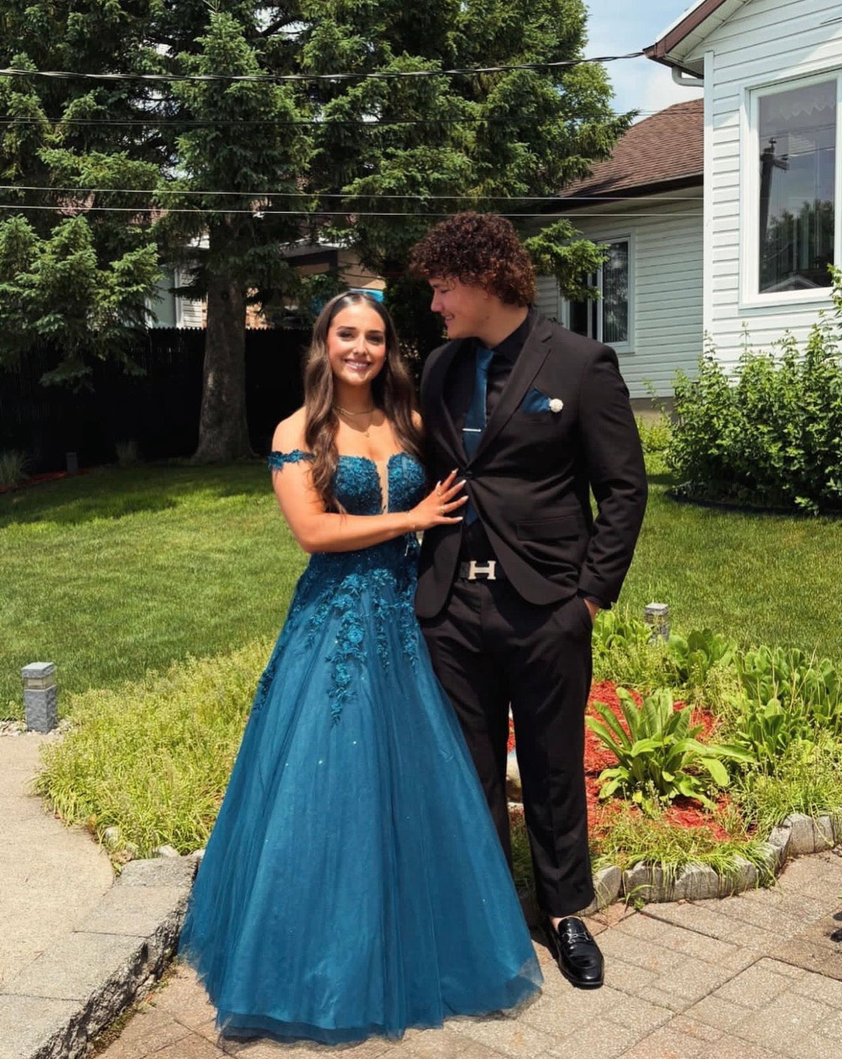 Off The Shoulder Teal Tulle Formal Prom Dress With Appliques J11784