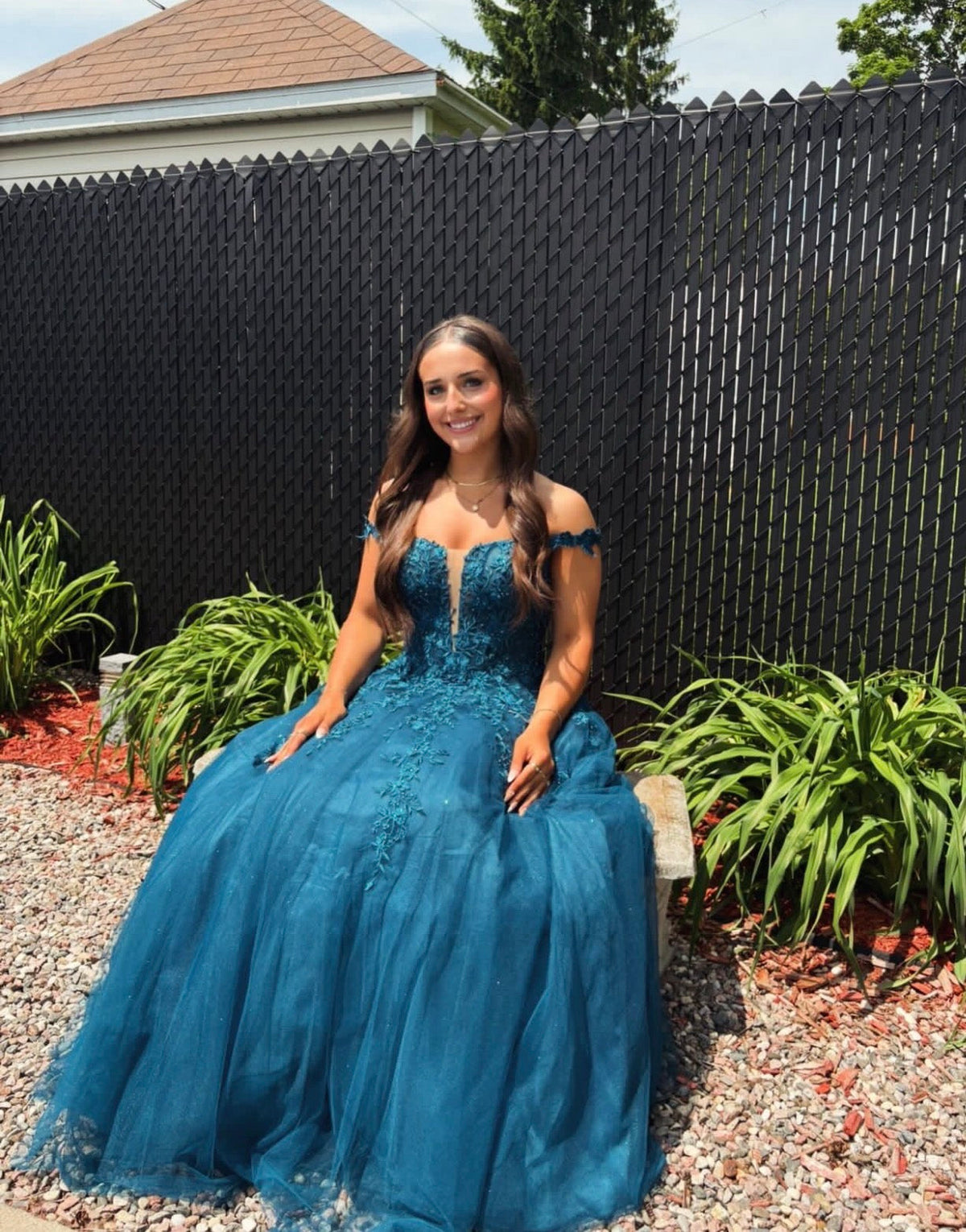 Off The Shoulder Teal Tulle Formal Prom Dress With Appliques J11784