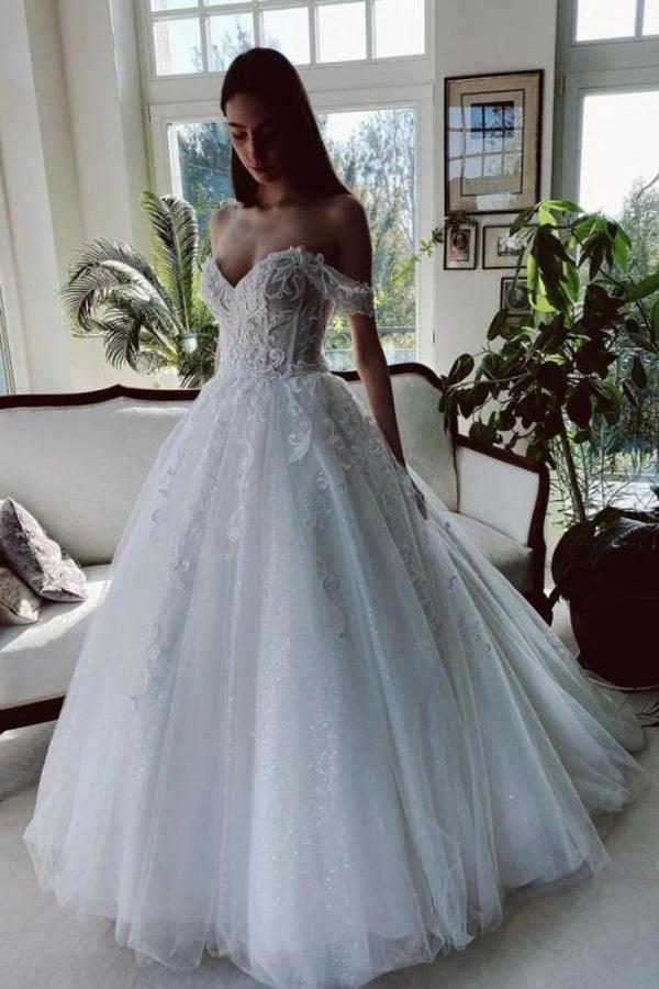Off The Shoulder Tulle White Appliques Wedding Dresses With Beading (ZD16225)