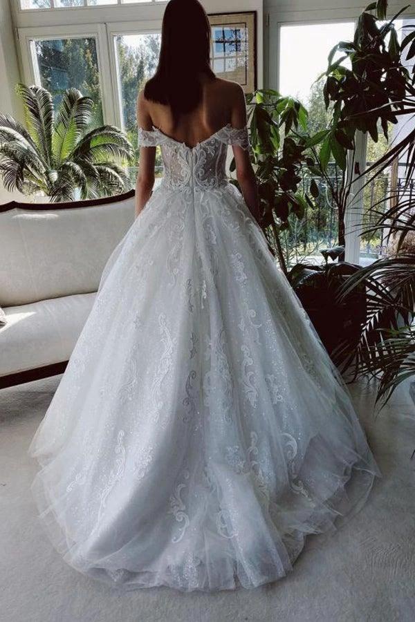 Off The Shoulder Tulle White Appliques Wedding Dresses With Beading (ZD16225)