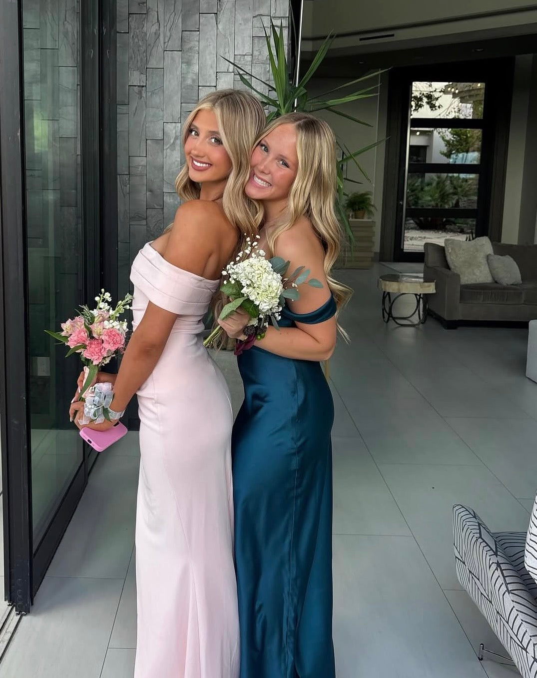 Off-the-Shoulder Turquoise Satin Sheath Prom Dress
