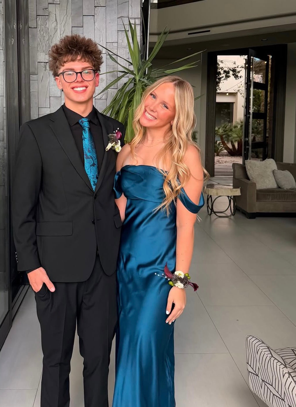 Off-the-Shoulder Turquoise Satin Sheath Prom Dress