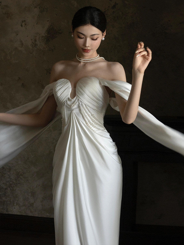 Off-the-Shoulder Wedding Dress Pearls Beaded Bride Gown