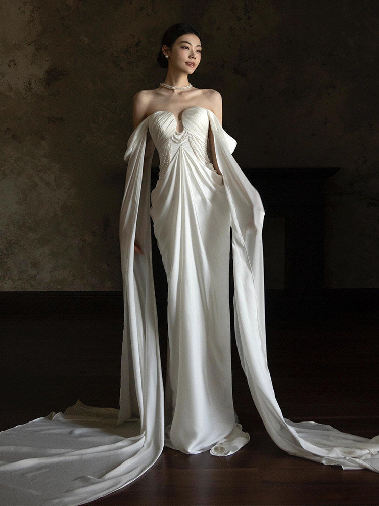 Off-the-Shoulder Wedding Dress Pearls Beaded Bride Gown