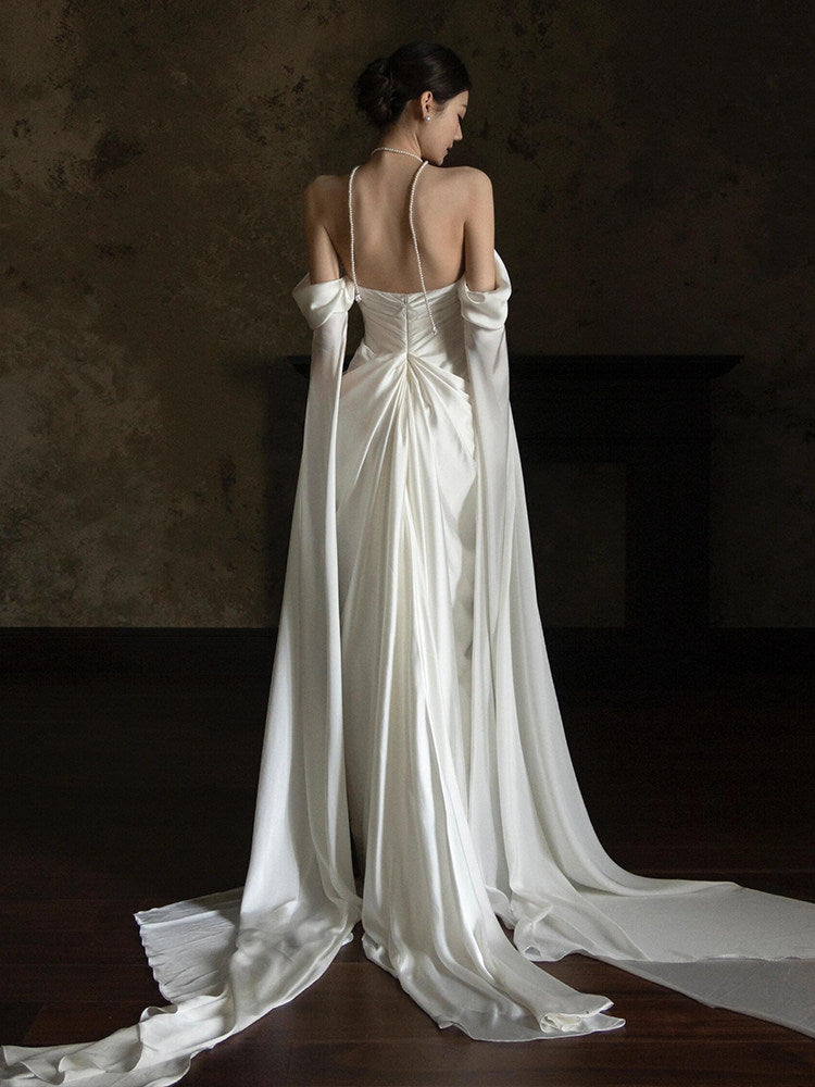 Off-the-Shoulder Wedding Dress Pearls Beaded Bride Gown