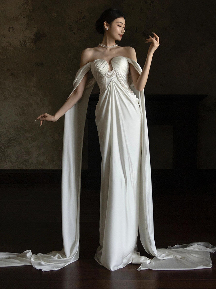 Off-the-Shoulder Wedding Dress Pearls Beaded Bride Gown
