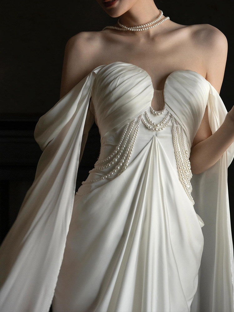 Off-the-Shoulder Wedding Dress Pearls Beaded Bride Gown