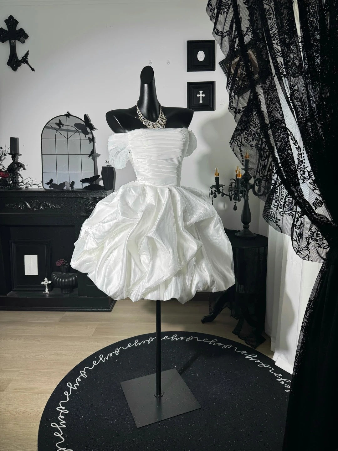 Off-the-Shoulder White Satin Homecoming Dress Short Birthday Dress