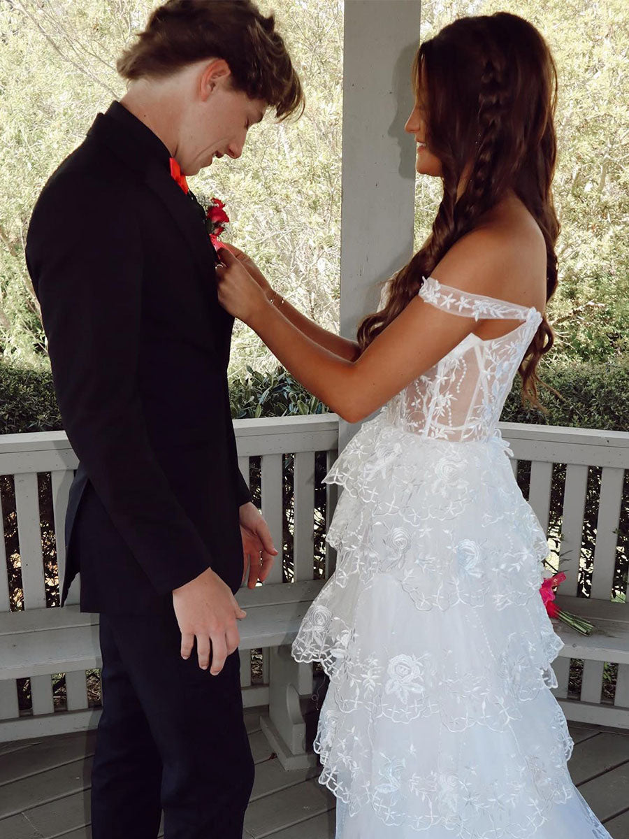 Off-the-Shoulder Appliques Tiered Long Prom Dress - View 2 | FashionDia