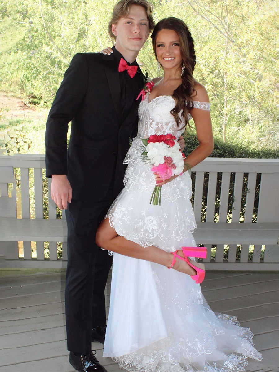 Off-the-Shoulder Appliques Tiered Long Prom Dress - FashionDia